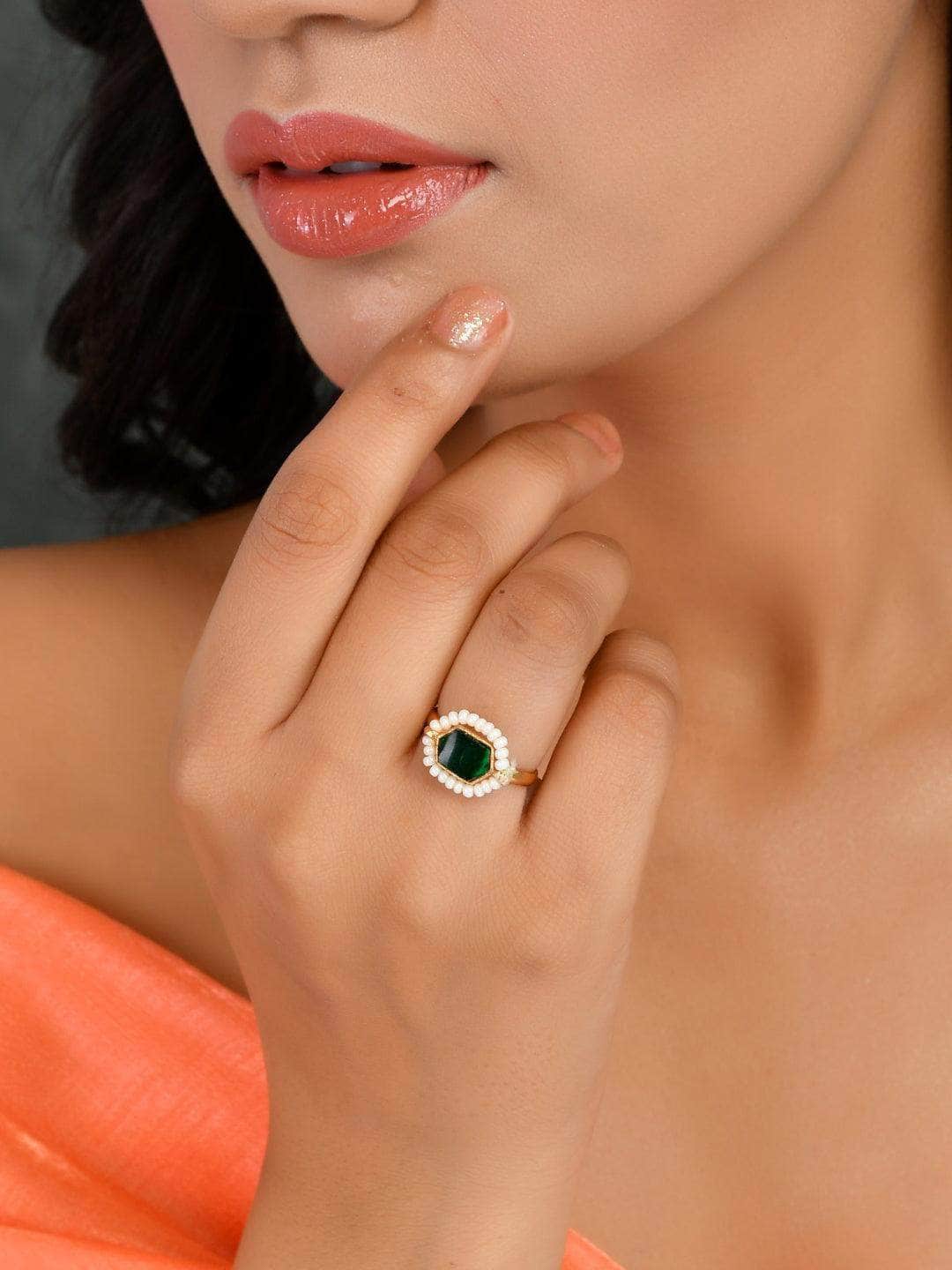 Ishhaara Oblong Kundan Pearl Ring-Dark Green