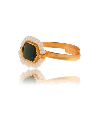 Ishhaara Oblong Kundan Pearl Ring Dark Green
