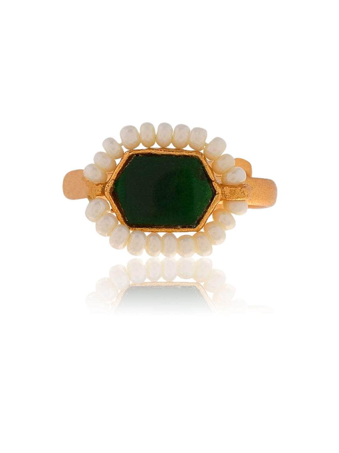 Ishhaara Oblong Kundan Pearl Ring Dark Green
