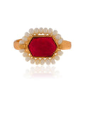 Ishhaara Oblong Kundan Pearl Ring-Red