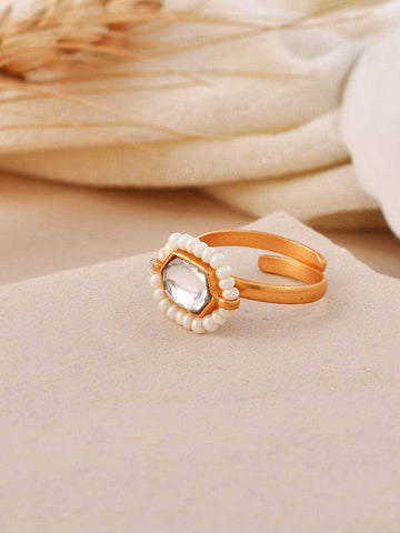 Ishhaara Oblong Kundan Pearl Ring White