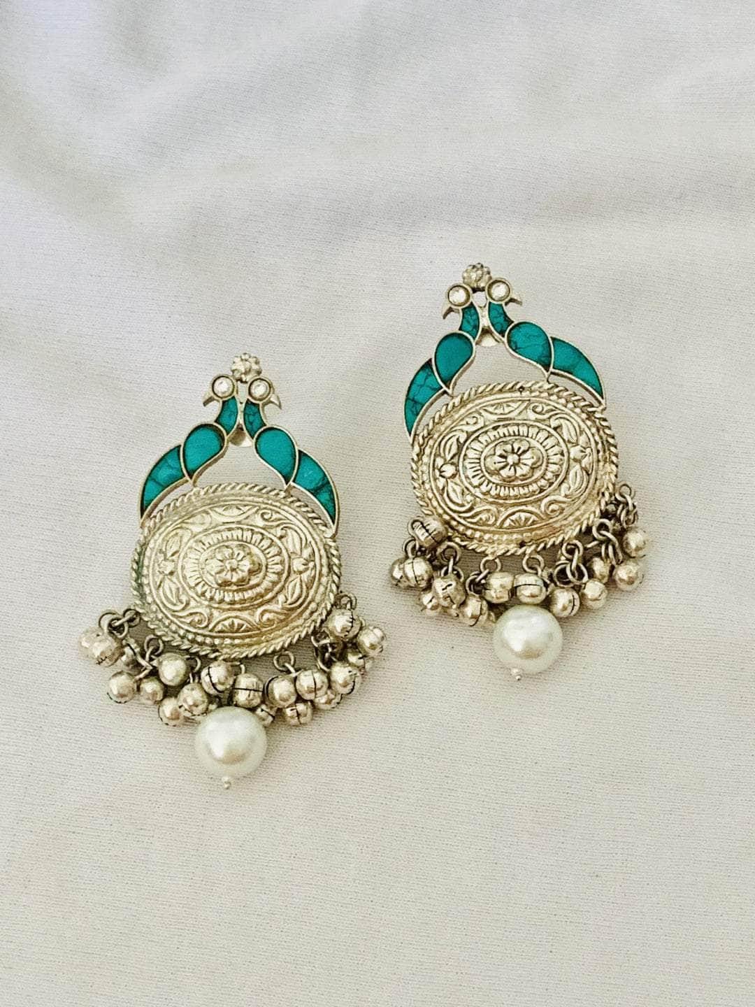 Ishhaara Ocean Blue Peacock Oxidised Earrings