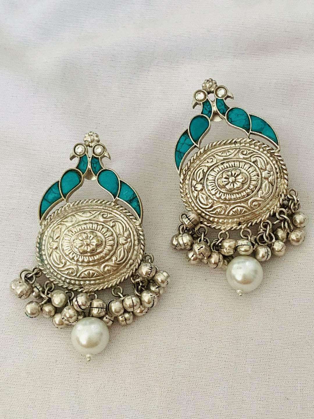 Ishhaara Ocean Blue Peacock Oxidised Earrings