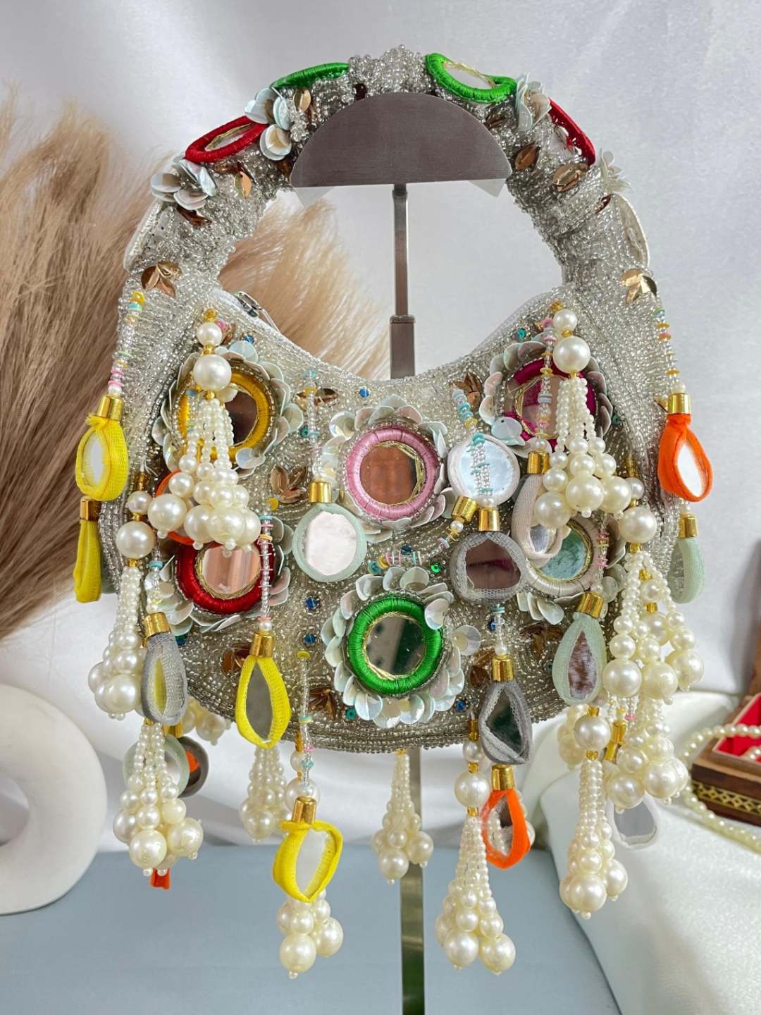 Ishhaara Off White Pearl Blossom Delight Clutch Moon Bag