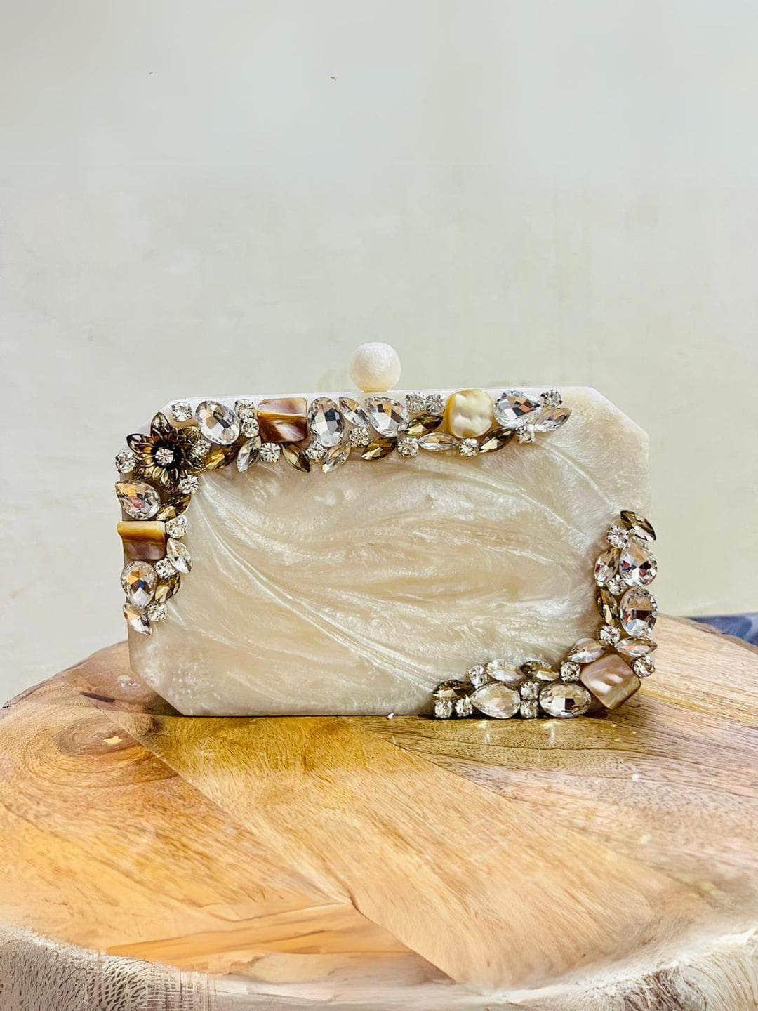 Ishhaara Off White Resin Octagon Clutch