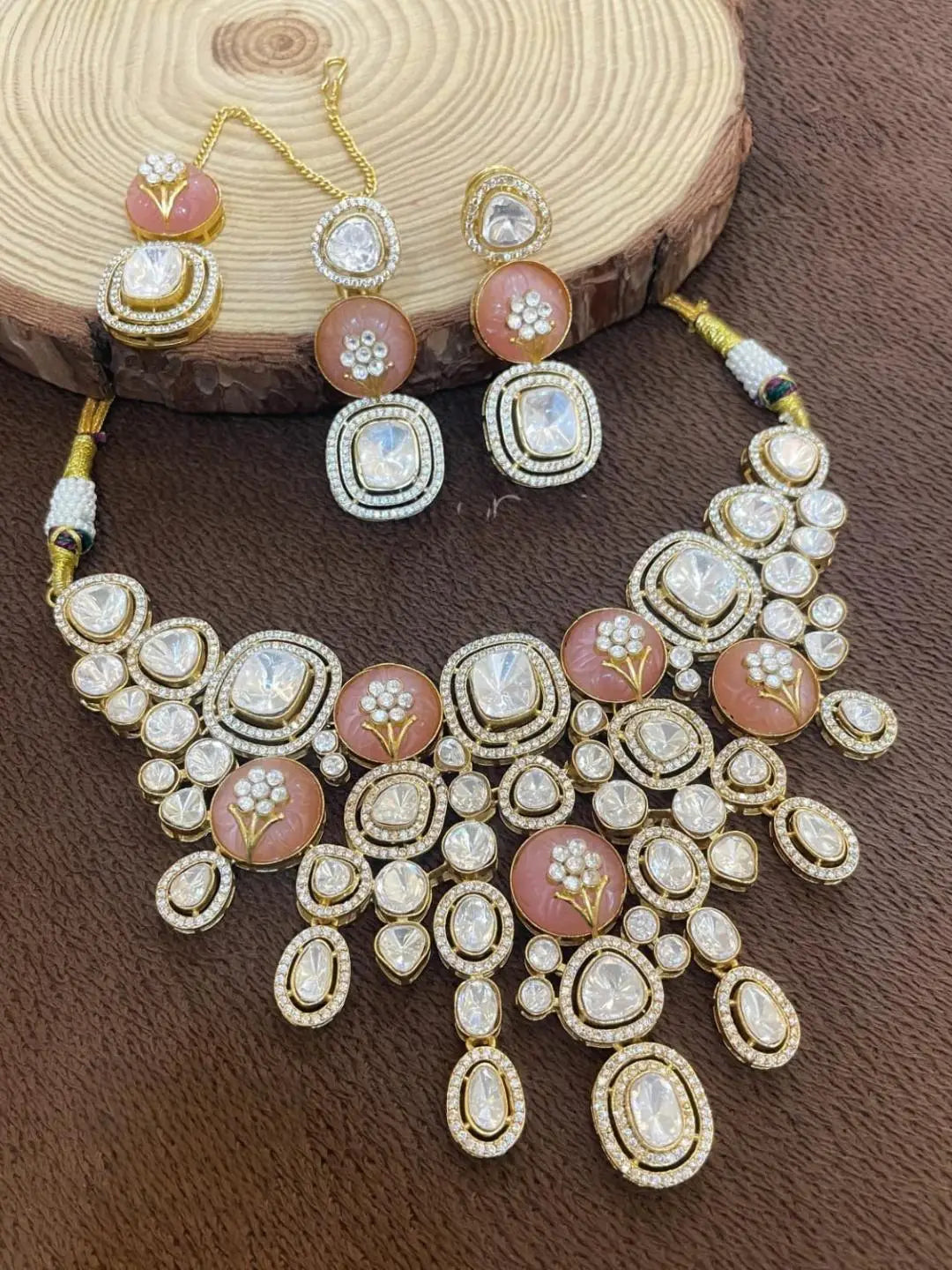Ishhaara Orange Designer Heavy Polki Kundan And Meenakari Necklace Set