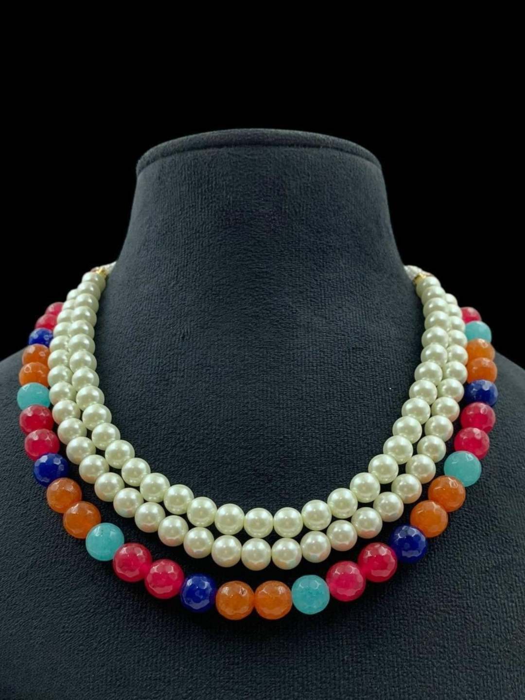 Ishhaara Orange Gemstones And Pearl Studded Layered Choker