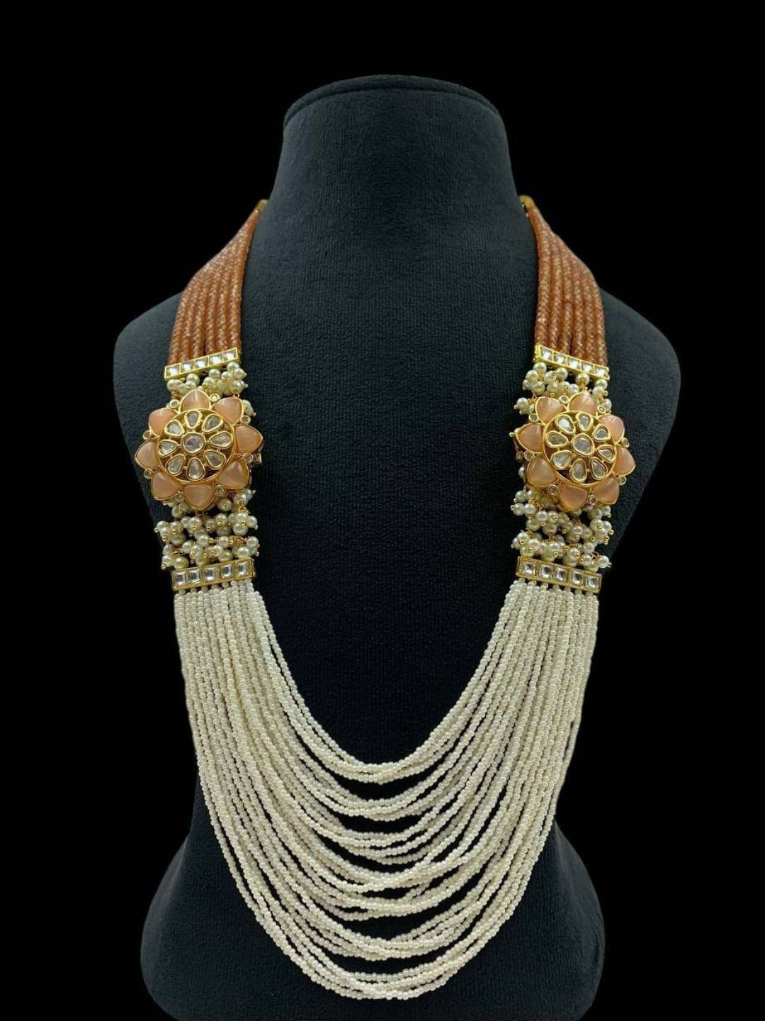 Ishhaara Orange Green Pearls Stones Kundan Embellished Layered Necklace Set