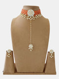 Ishhaara Orange Kundan And Pearls Flowers Choker Necklace