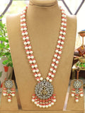 Ishhaara Orange Kundan Pearl Studded Long Temple Necklace