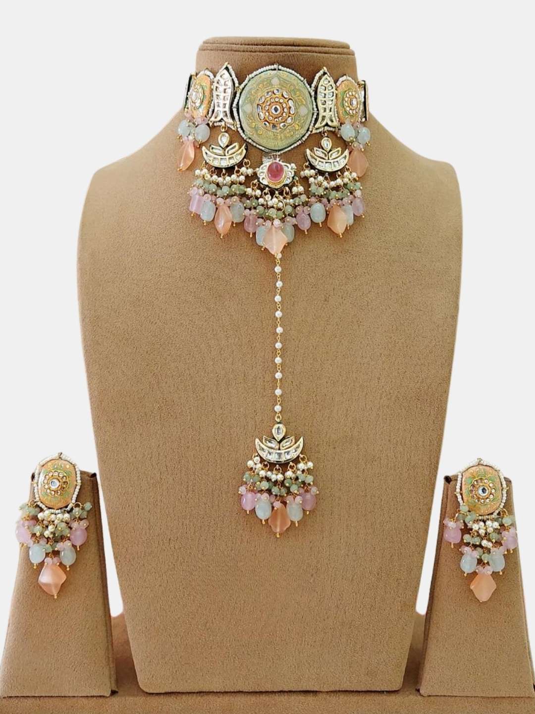 Ishhaara Orange Kundan Tanjore Bridal Necklace Set