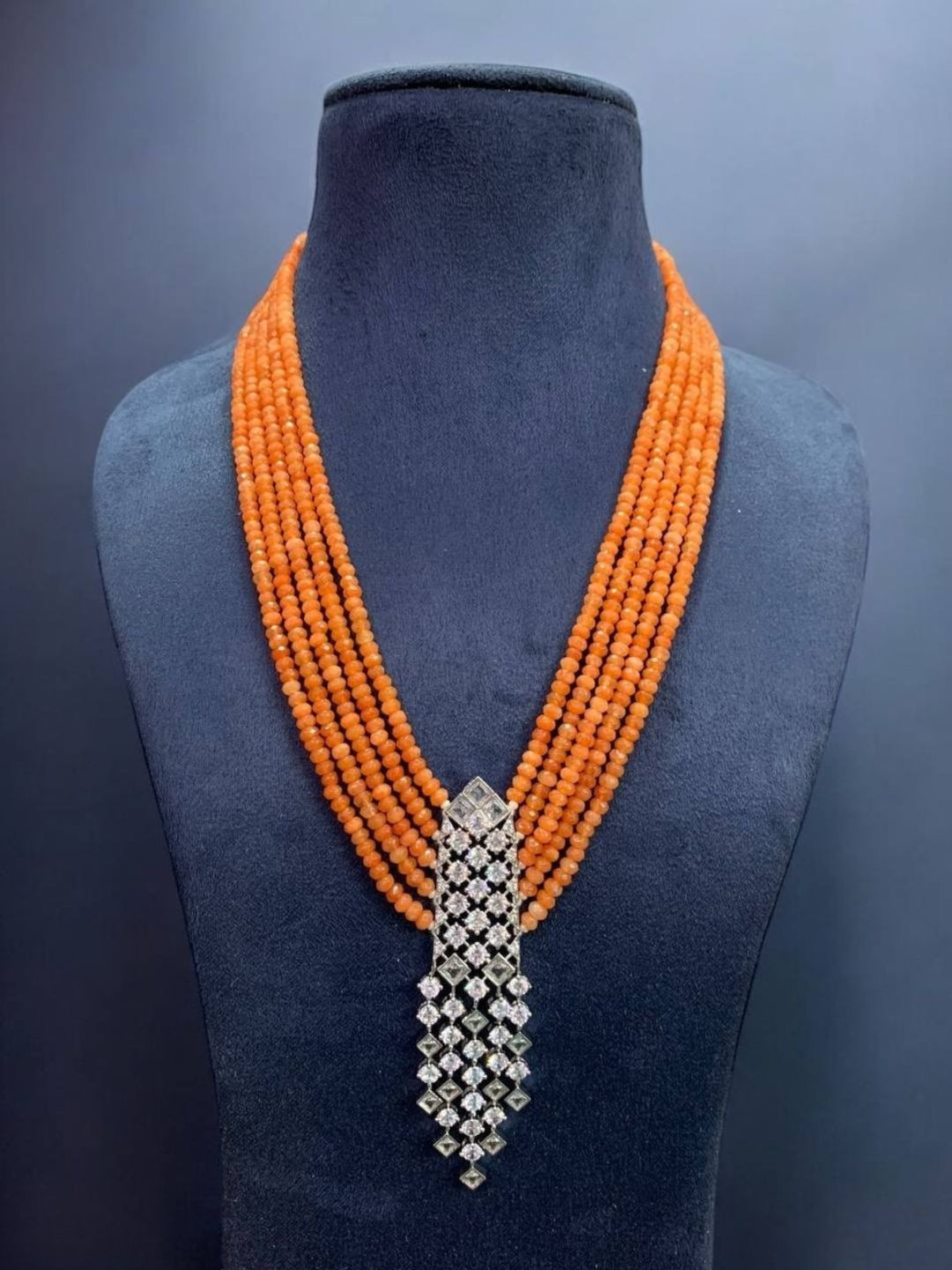 Ishhaara Orange Long Beaded Diamond Pendant Necklace