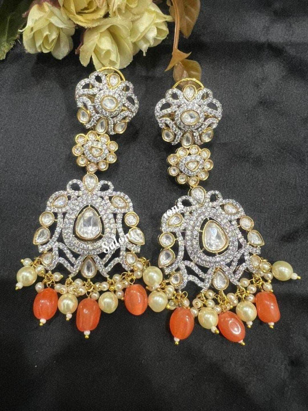 Ishhaara Orange Meenakari & Kundan Chandbali Earrings