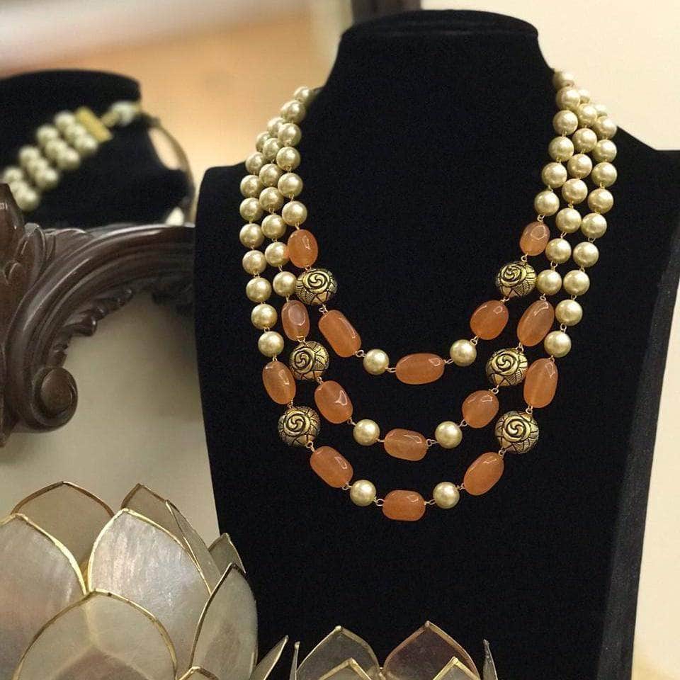 Ishhaara Orange Moti Triple Layered Precious Stone Necklace