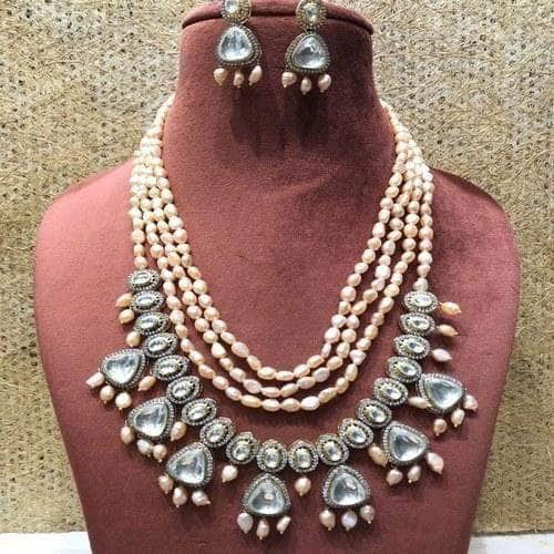 Ishhaara Grey Multi Layered Precious Stone Polki Hanging Necklace