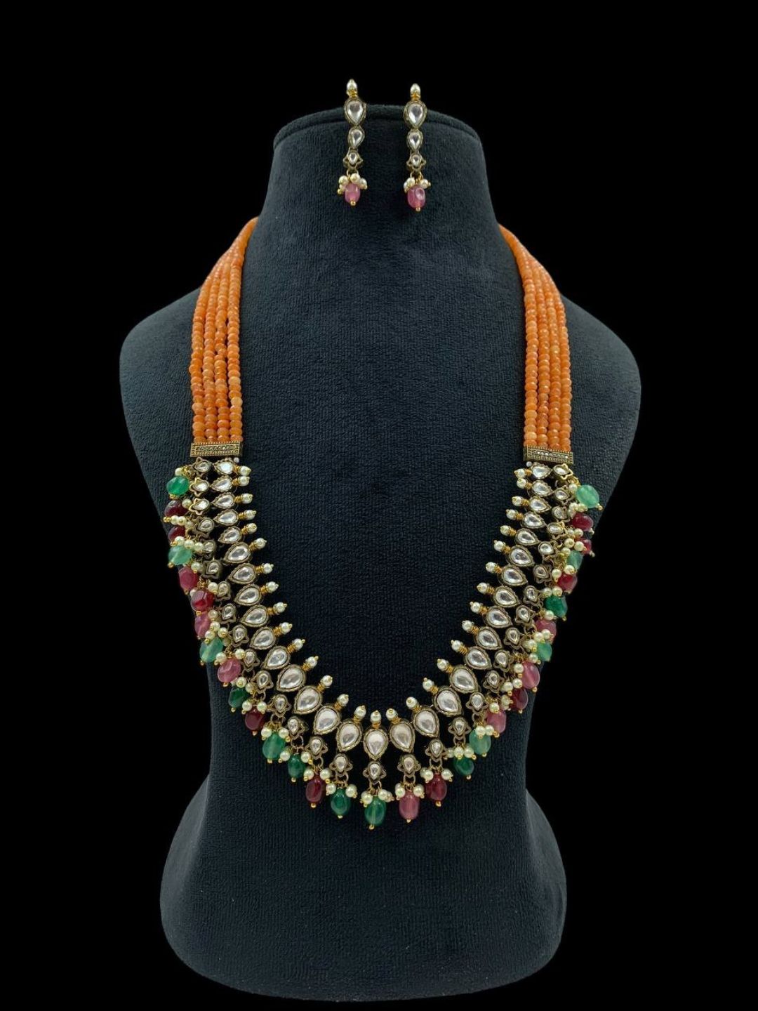 Ishhaara Orange Multilayered Kundan And Green Stone Groom Necklace