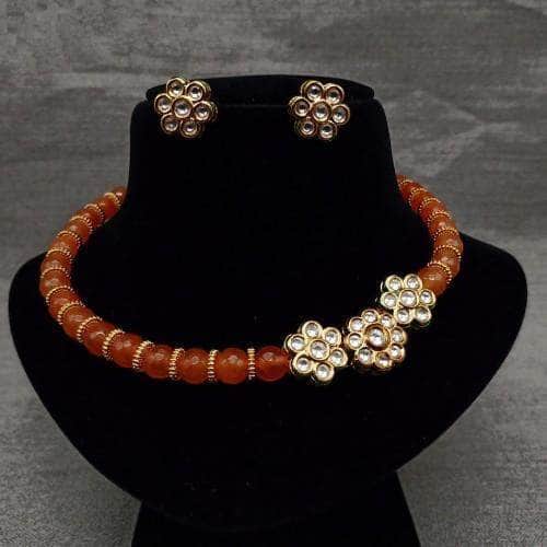 Ishhaara Orange Pearls Kundan Necklace Set