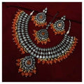 Ishhaara Orange Rodium Drip Pendant Kundan Necklace Earring And Teeka Set