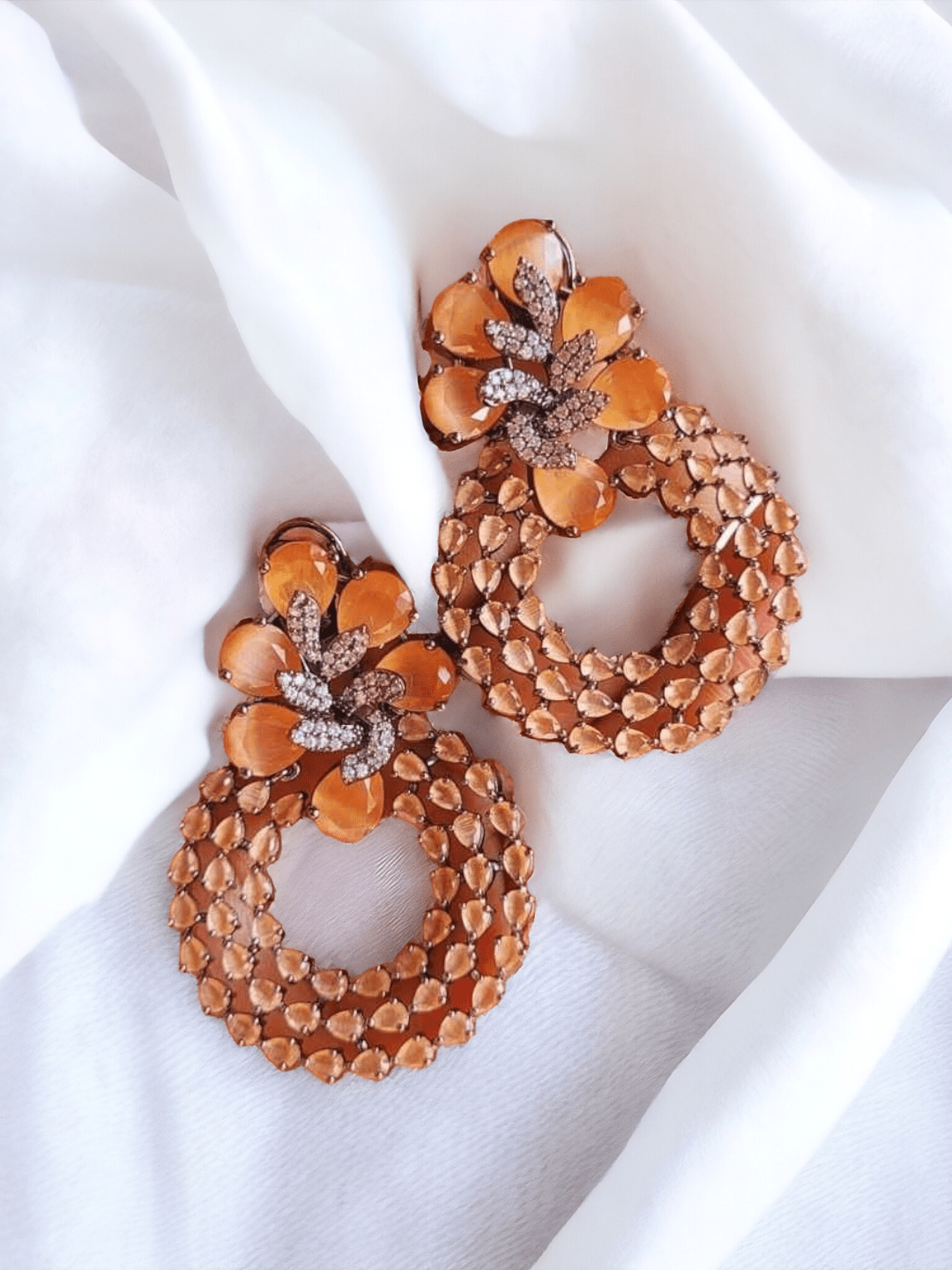 Ishhaara Orange Round Colorful Glam Rhinestone Earrings