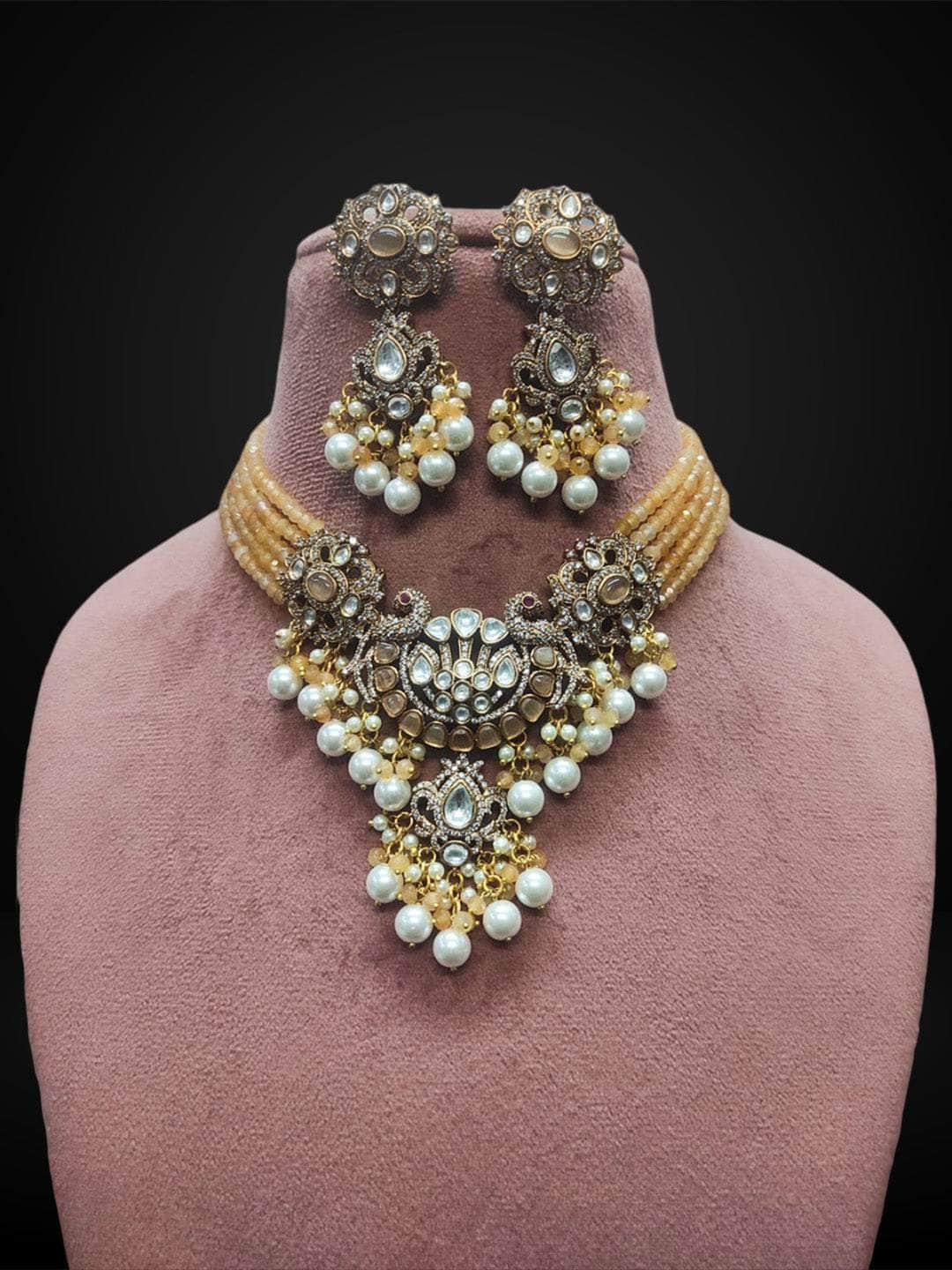 Ishhaara Orange Royal Kundan-Studded Beaded Necklace Set