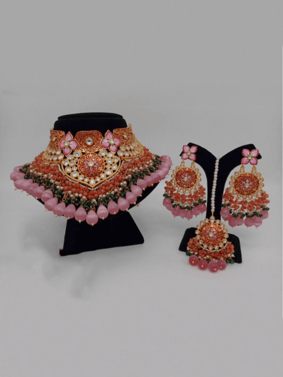 Ishhaara Orange Royal Meenakari Necklace Earring And Teeka Set