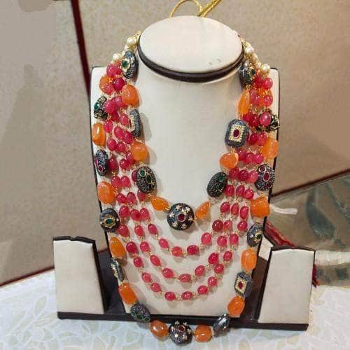 Ishhaara Orange Semi Precious Layered Necklace Set