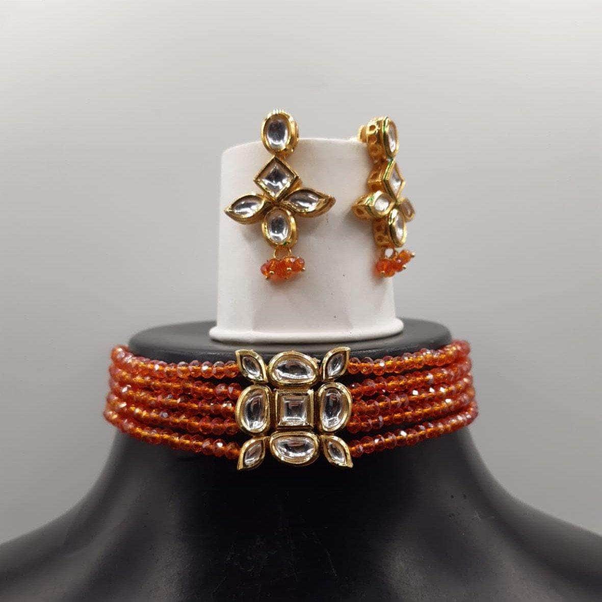 Ishhaara Orange Simple Sqaure Patch Onex Choker Necklace Set