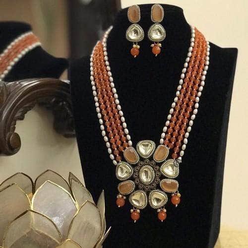 Ishhaara Orange Victorian Big Stone Outline Necklace