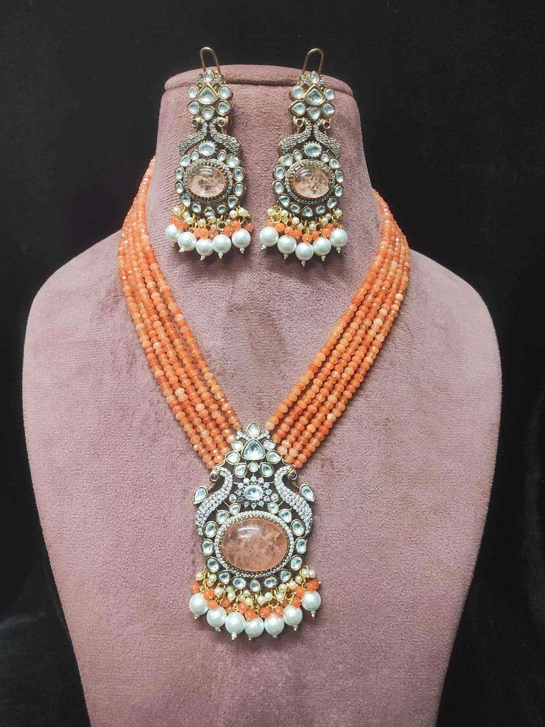 Ishhaara Victorian Finish Long Peacock Design Uncut Necklace Set