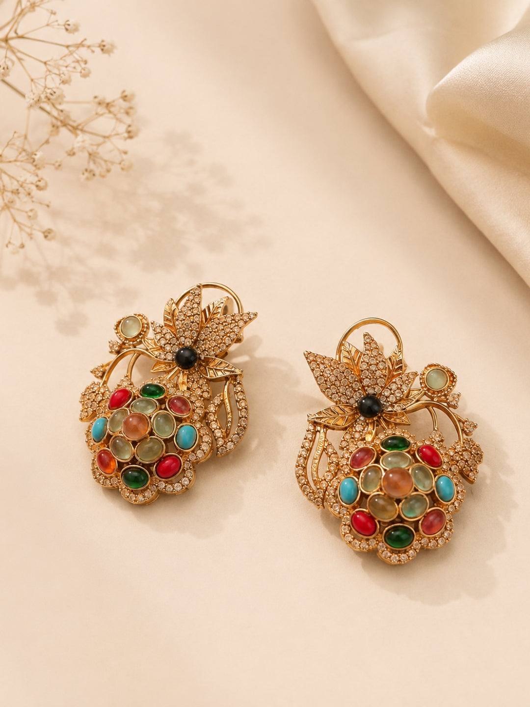 Ishhaara Ornate Golden Gemstone Earrings