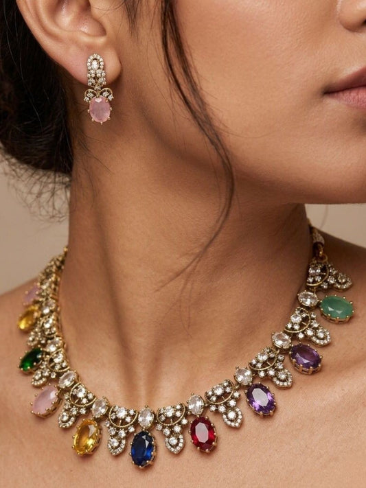 Ishhaara Oval Drop Jadau Necklace Set
