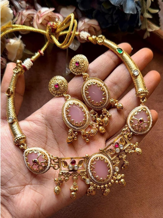 Ishhaara Oval Shaped Heritage Pink Necklace