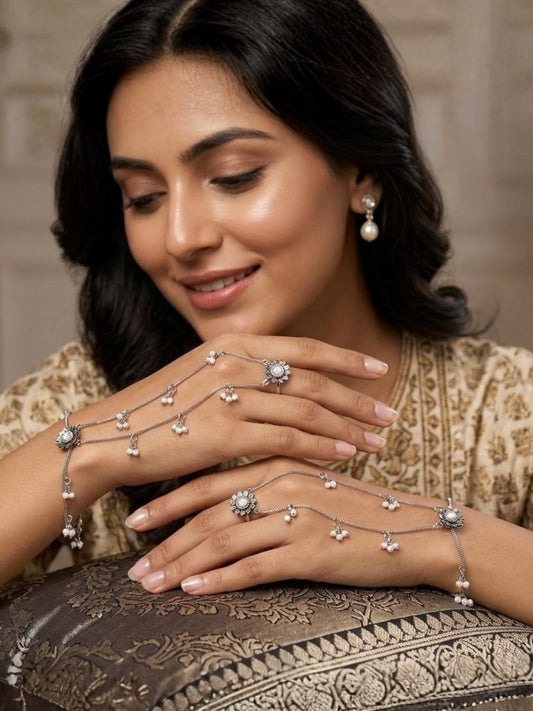 Ishhaara Oxidised Floral Pearl Studded Hathphool