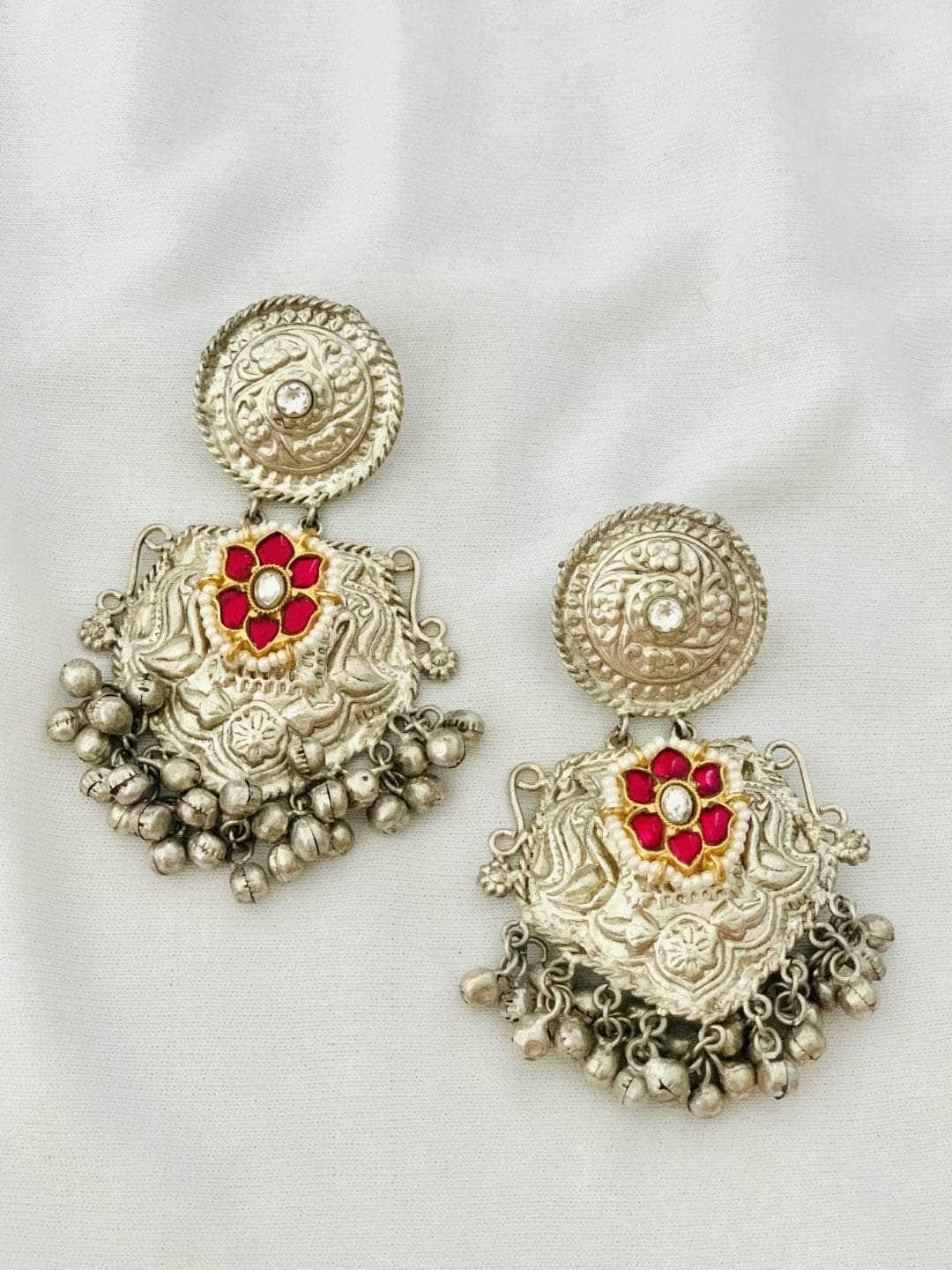 Ishhaara Oxidised Ghungroo Earrings With Floral Design