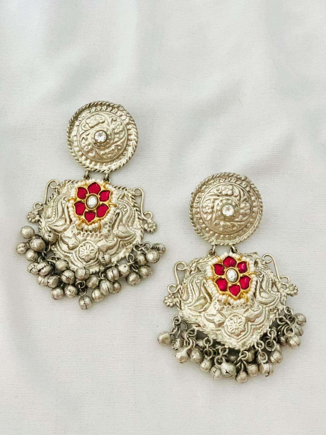 Ishhaara Oxidised Ghungroo Earrings With Floral Design