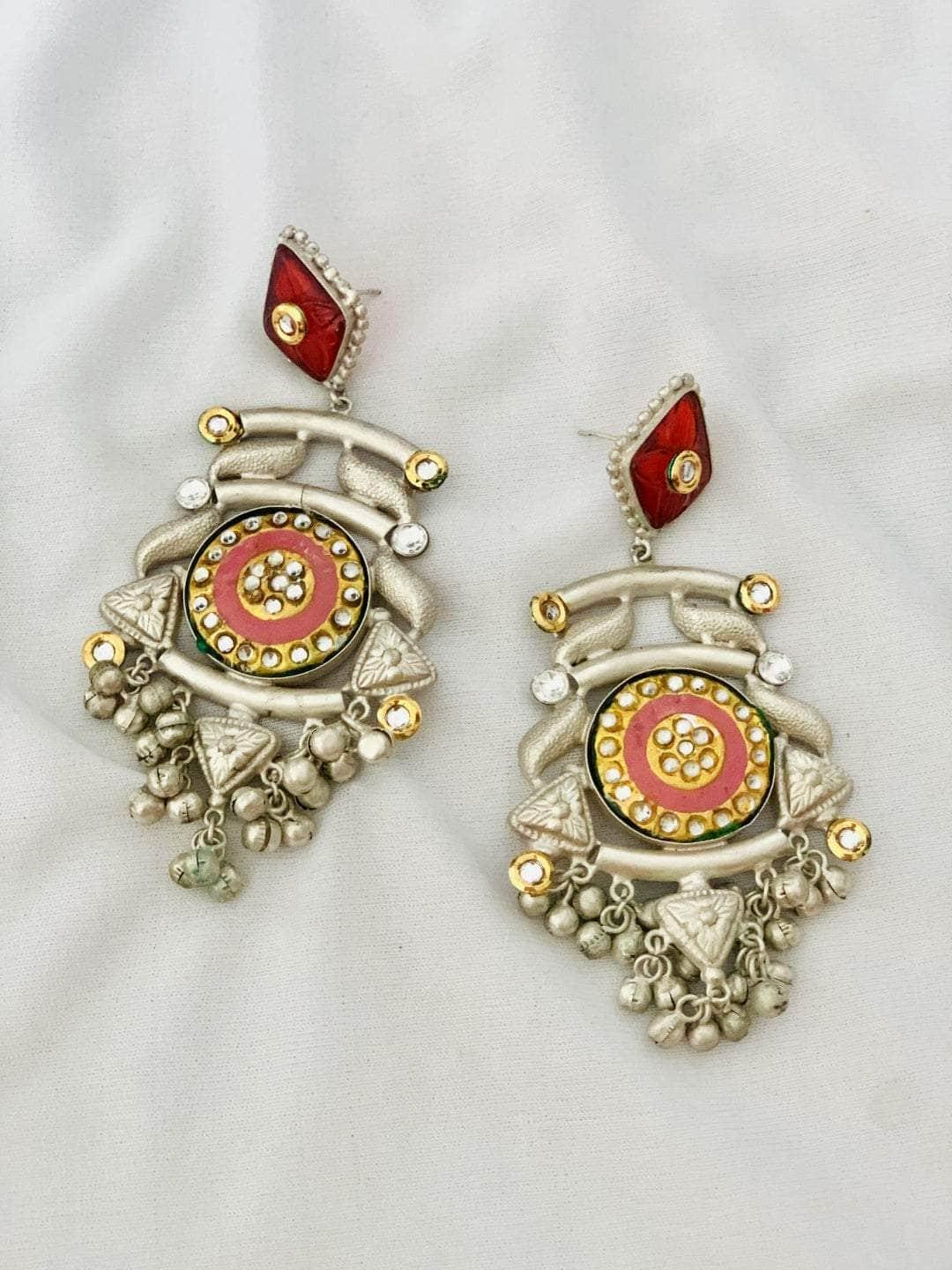 Ishhaara Oxidised Red Stone Earrings With Ghungroo