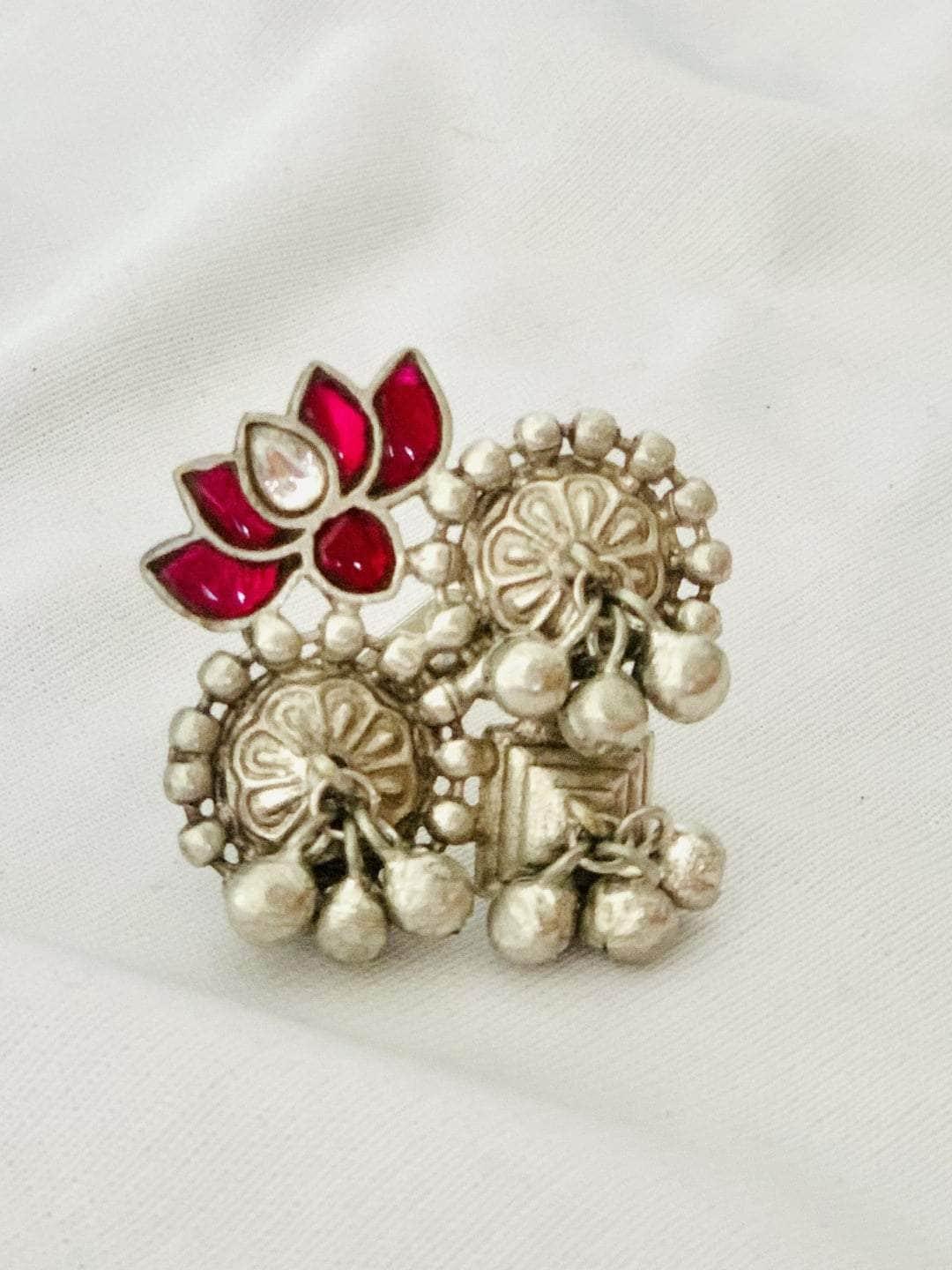 Ishhaara Oxidised Red Stone Rings With Ghungroo