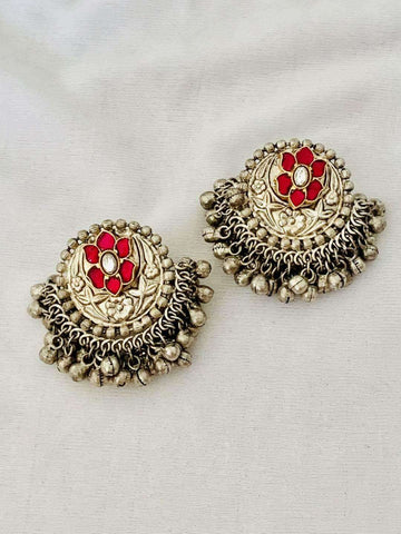 Ishhaara Oxidised Red Stone Stud With Ghungroo