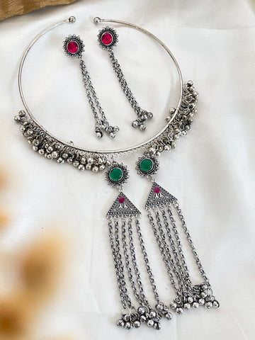 Ishhaara Oxidised Stone Hasli Necklace Earrings Set