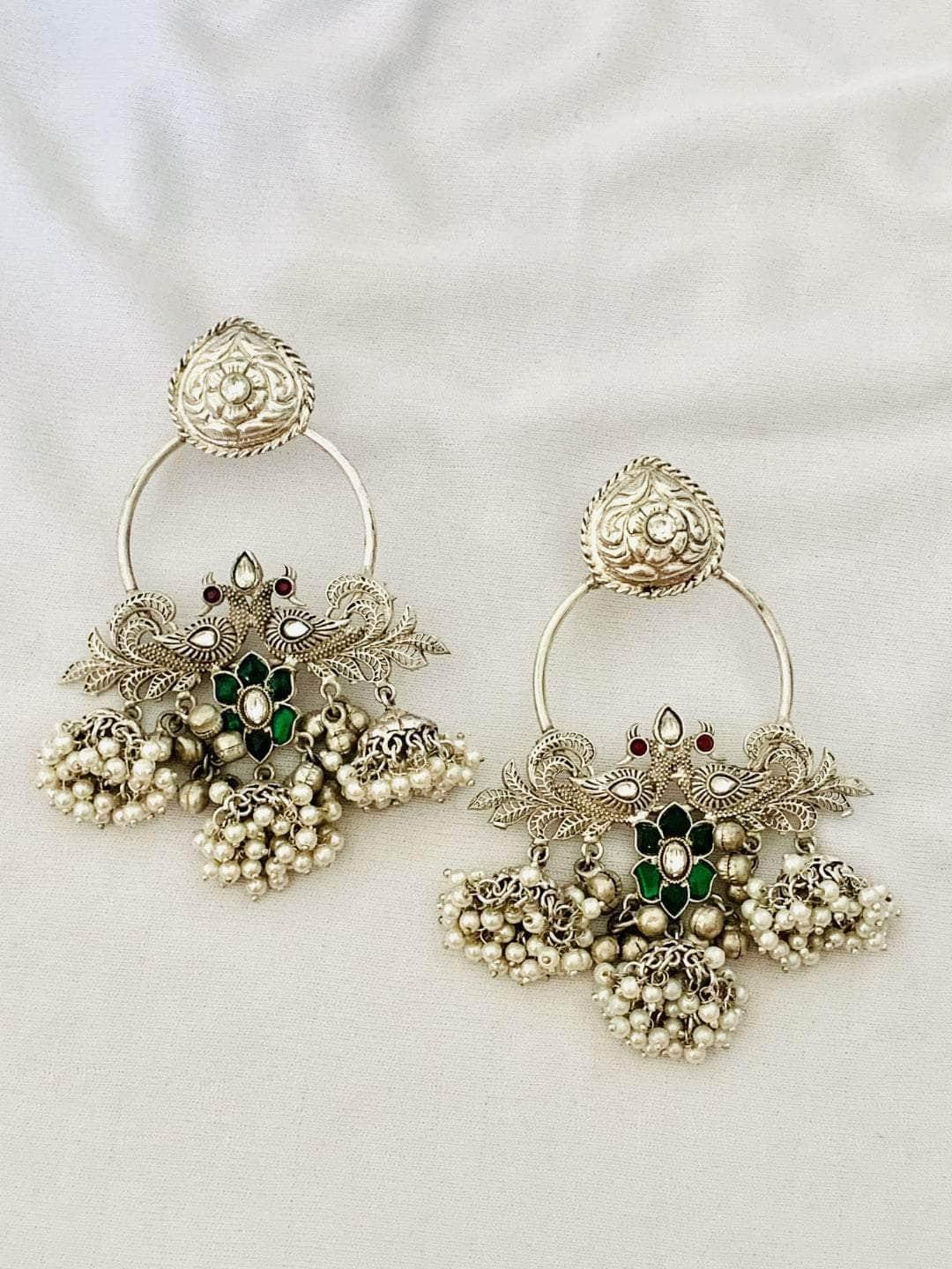 Ishhaara Oxidised White Pearl And Green Stone Earrings