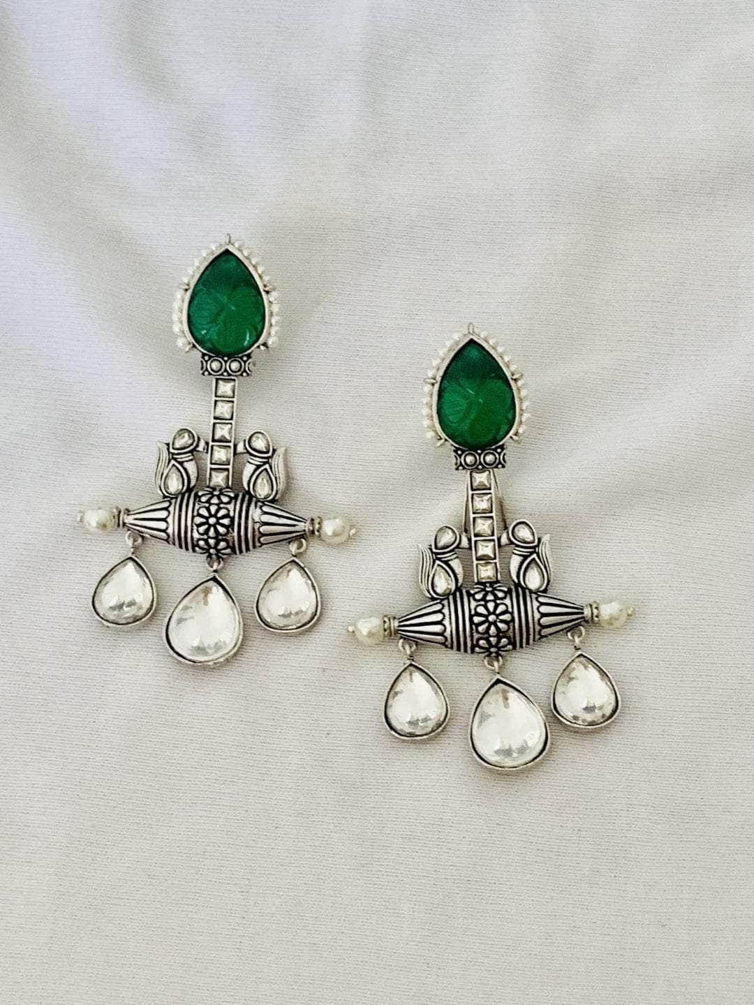 Ishhaara Oxidised White Pearls With Green Stone Earrings