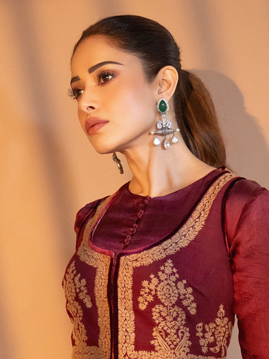 Ishhaara Oxidised White Pearls With Green Stone Earrings