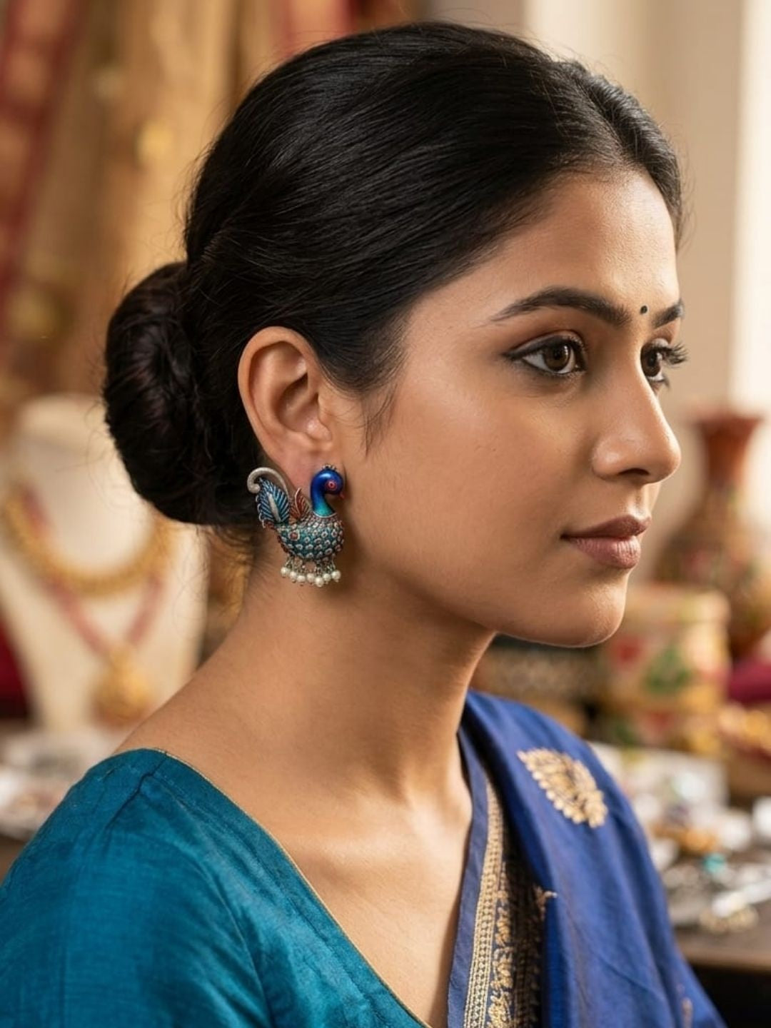 Oxidized Silver Peacock Stud Earrings with Teal Enamel & Pearl Drop