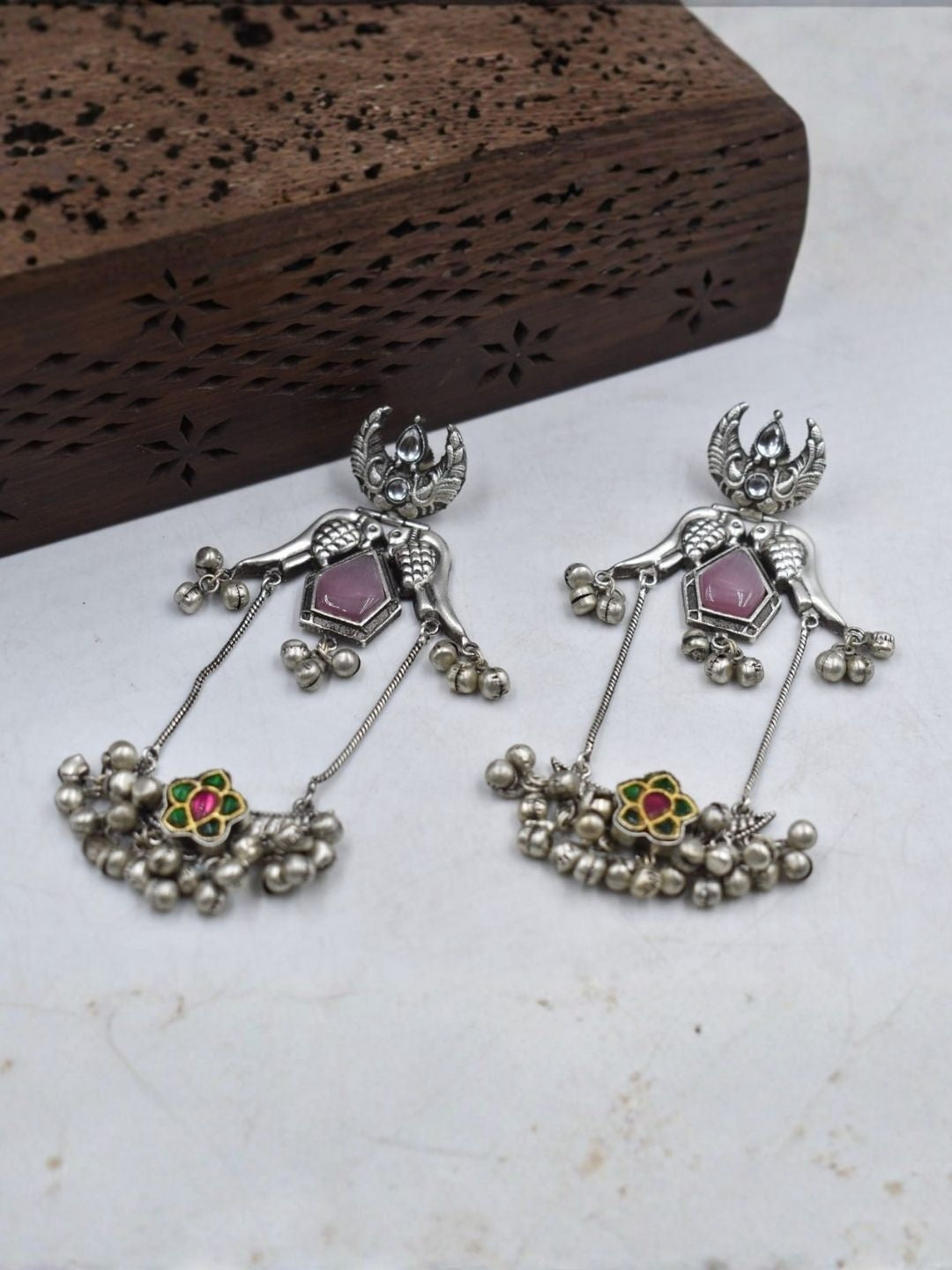 Oxidized Silver Peacock Wing Stud Earrings with Red Stone & Floral Charm - view 2
