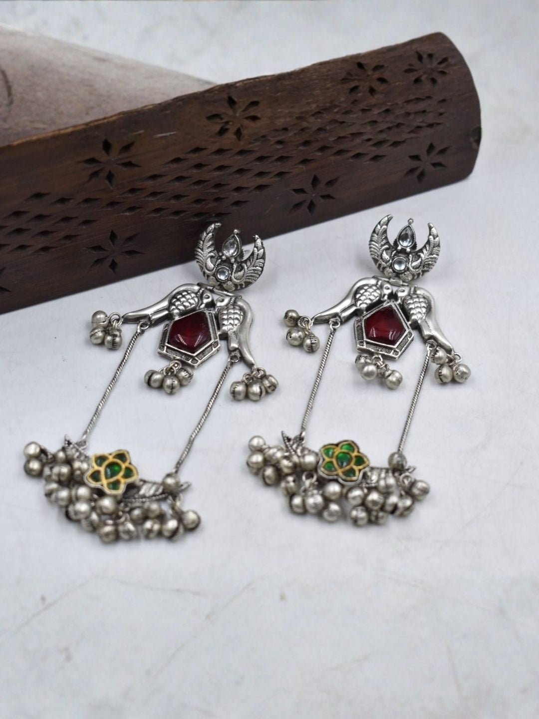Oxidized Silver Peacock Wing Stud Earrings with Red Stone & Floral Charm - view 3