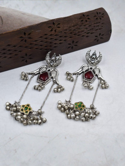 Oxidized Silver Peacock Wing Stud Earrings with Red Stone & Floral Charm - view 3