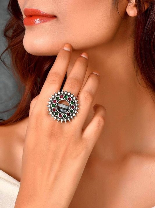 Ishhaara Oxidized Varthulah Ring Magenta And Green