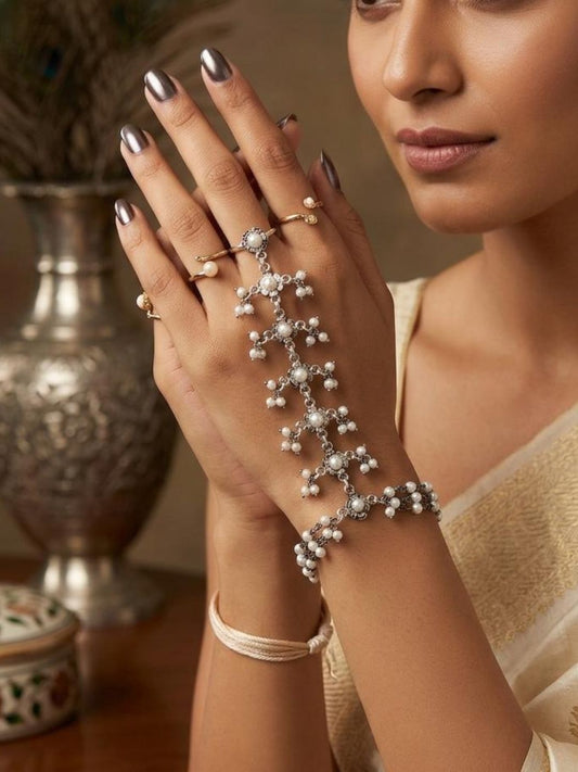 Ishhaara Pair Of Handcrafted Pearl Studded Ring Bracelet