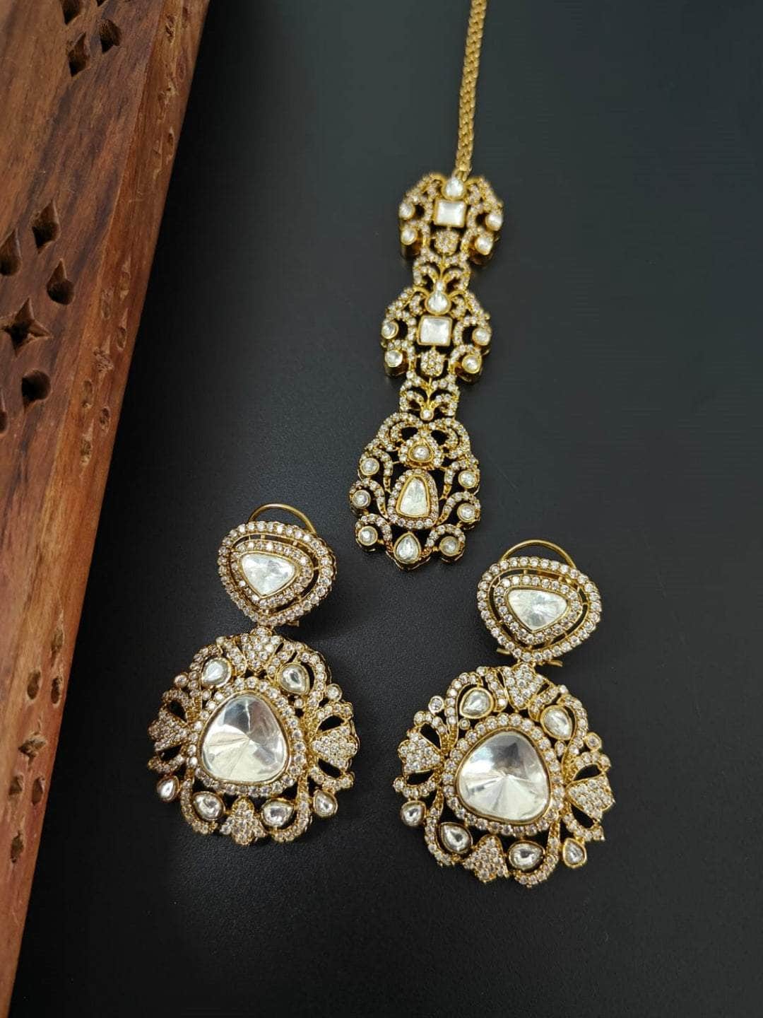Ishhaara Parineeti Chopra Engagement Look Inspired Kundan Jhumka Earrings Set with Mang Tikka