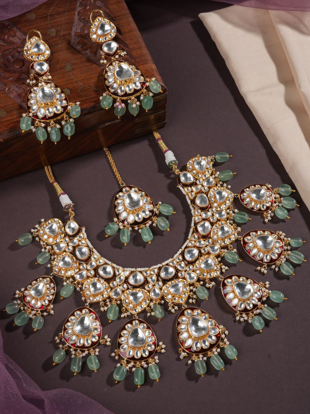 Ishhaara Parrot Green Color Polki Kundan Necklace Set